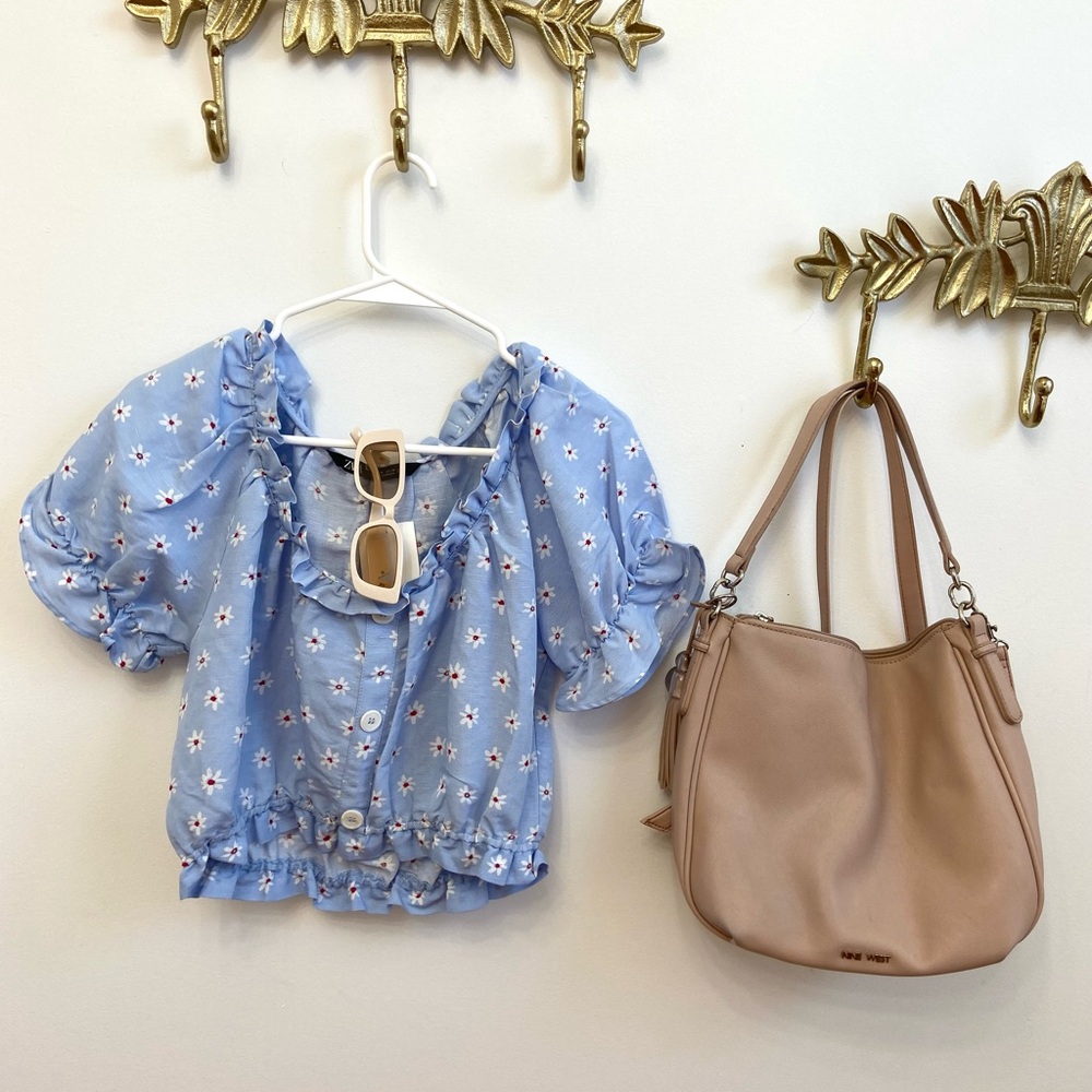 ZARA Sky blue floral puff sleeve M